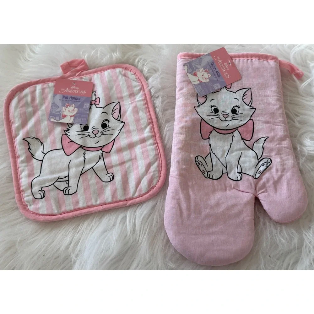 Disney The Aristocats Marie Oven Mitt and Pot Holder Set Pink White Striped NEW